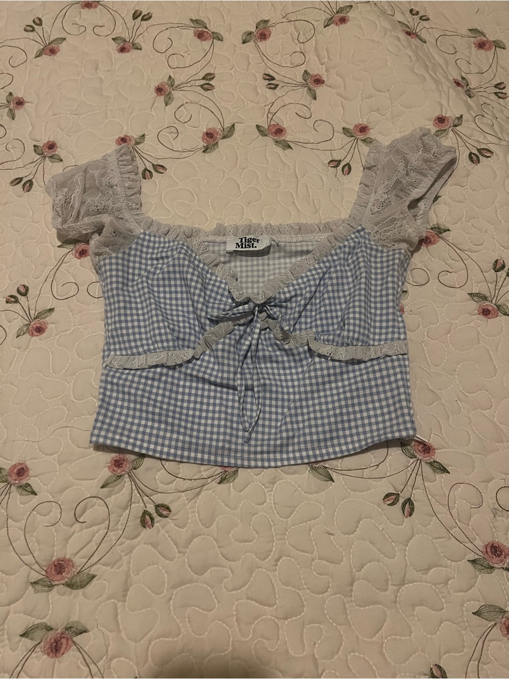 Tiger Mist Light Blue Gingham Lace-Trim Crop Top